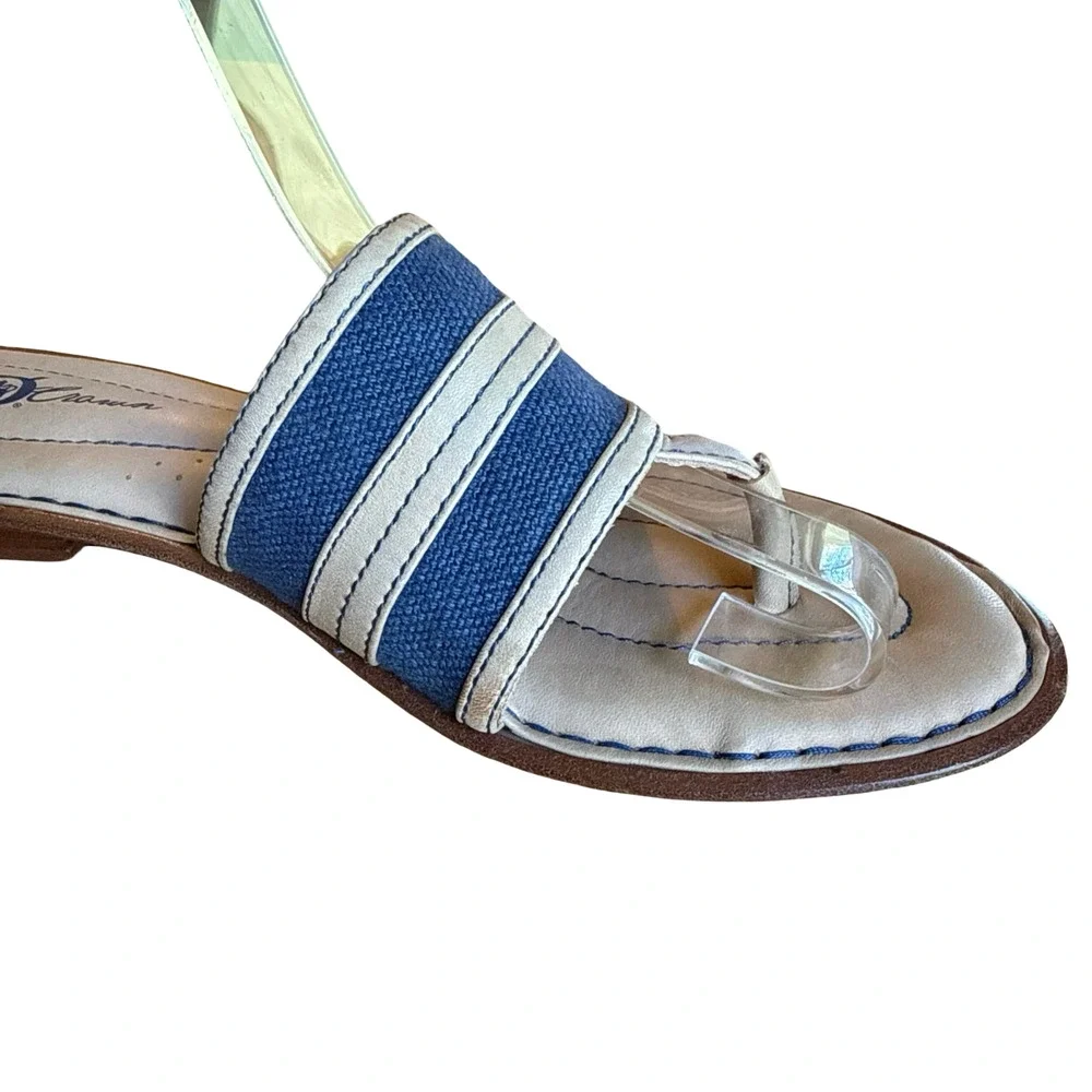 Born Crown Beige Blue Leather & Canvas Thongs Slides Flip Flops Sandals sz 8